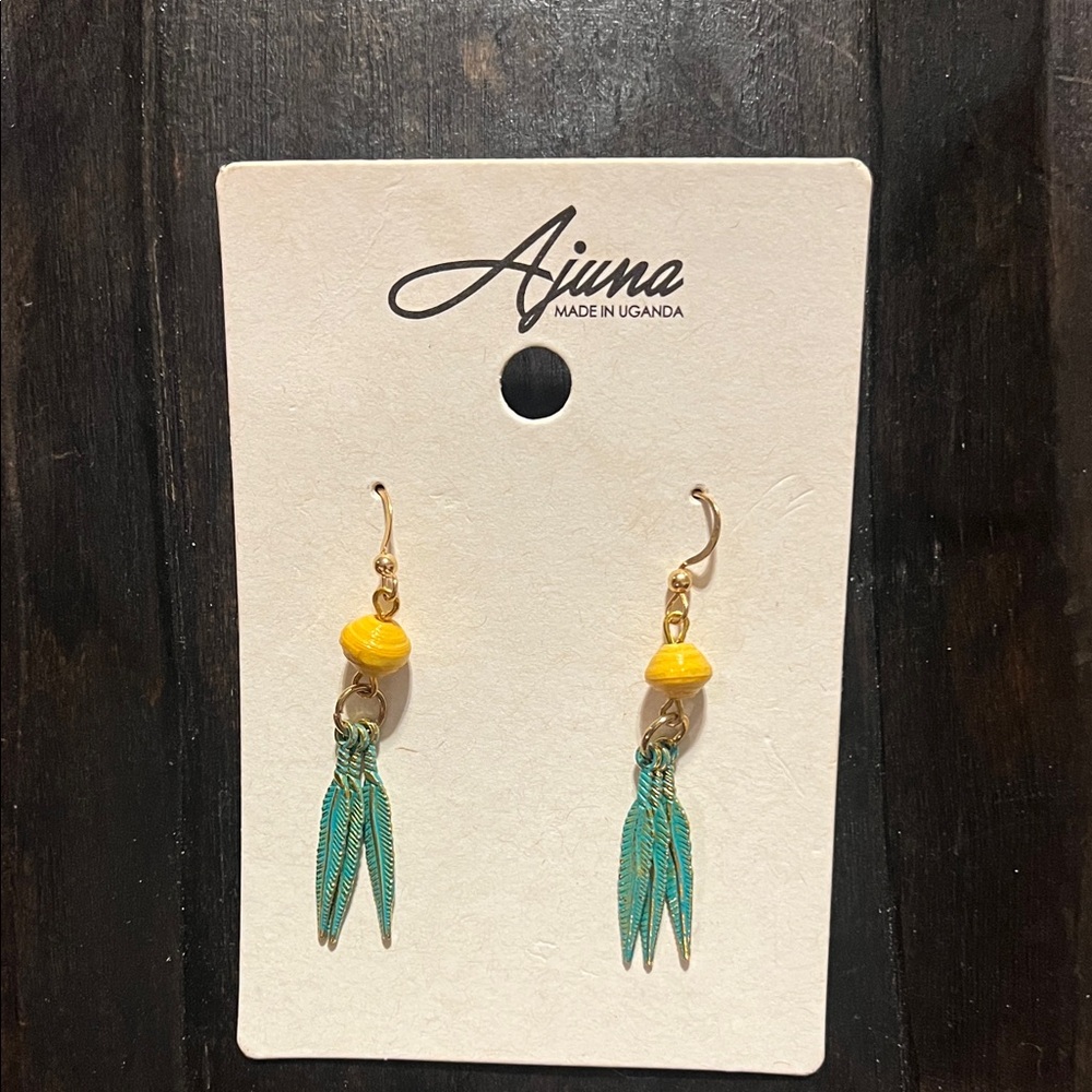 Yellow Bead & Teal Feather Drop Earrings